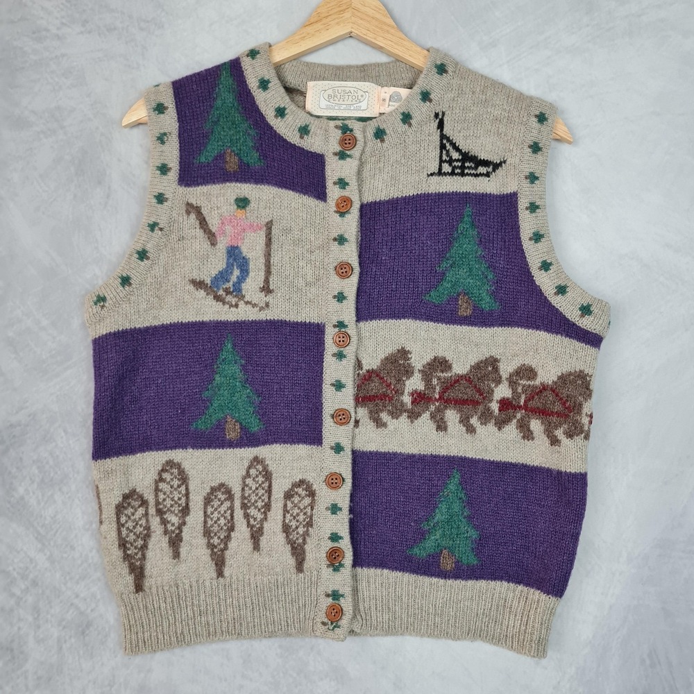 Vintage Susan Bristol Sweater Vest Womens Small Gray Wool Ski Dog Fair Isle